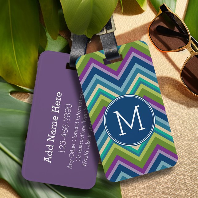 Colorful Chevron Pattern Custom Monogram Luggage Tag (Personalized luggage tag - Add Your contact information and monogram)