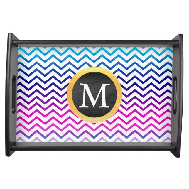 Colorful Chevron Pattern with Black Gold Monogram Serving Tray (Front)