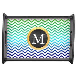 Colorful Chevron Pattern with Black Gold Monogram Serving Tray