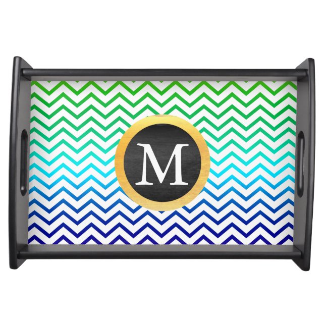 Colorful Chevron Pattern with Black Gold Monogram Serving Tray (Front)