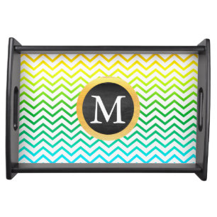 Colorful Chevron Pattern with Black Gold Monogram Serving Tray