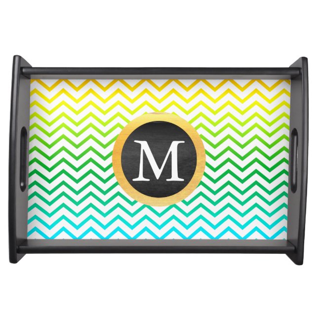 Colorful Chevron Pattern with Black Gold Monogram Serving Tray (Front)