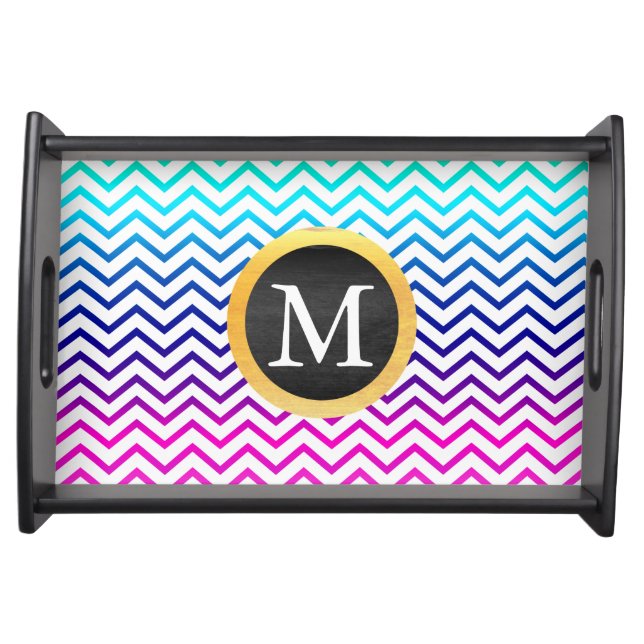 Colorful Chevron Pattern with Black Gold Monogram Serving Tray (Front)