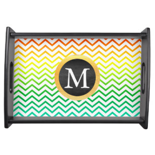 Colorful Chevron Pattern with Black Gold Monogram Serving Tray