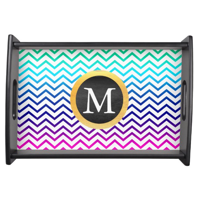 Colorful Chevron Pattern with Black Gold Monogram Serving Tray (Front)