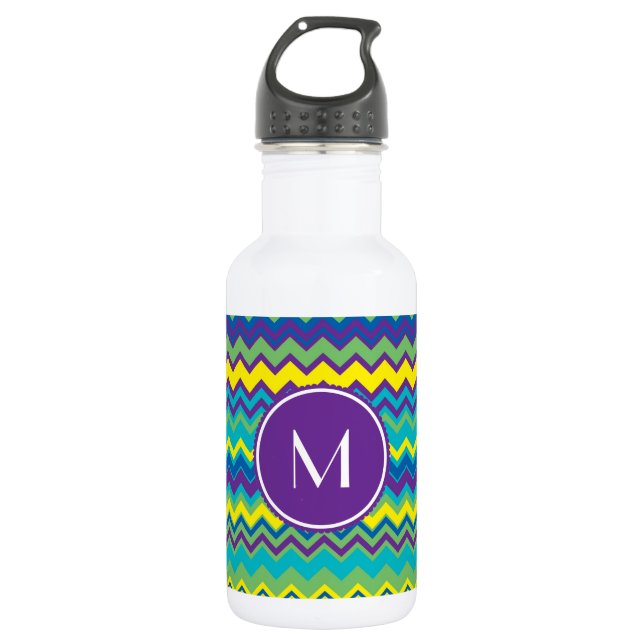 Colorful Chevron Pattern With Monogram Water Bottle (Front)