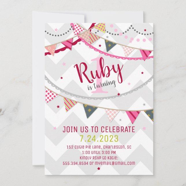 Colorful Chevron & Pennants Birthday Invitation (Front)