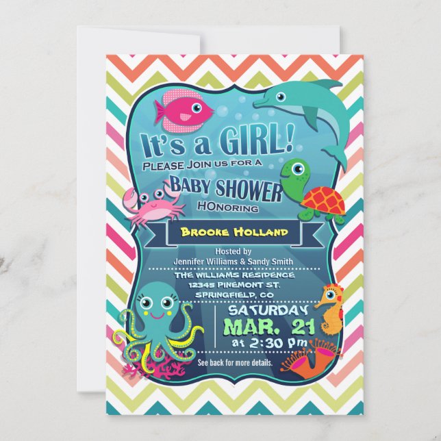 Colorful Chevron Sea Life, Girl Baby Shower Invitation (Front)