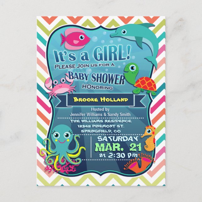 Colorful Chevron Sea Life, Girl Baby Shower Invitation Postcard (Front)