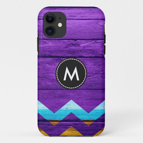 Colorful Chevron Stripes On Purple Wood iPhone 11 Case