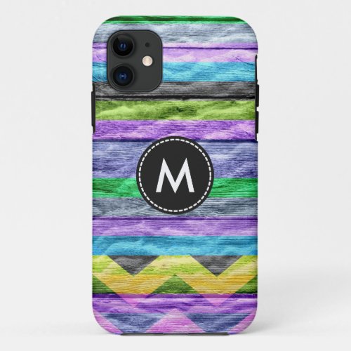 Colorful Chevron Stripes On Wood iPhone 11 Case