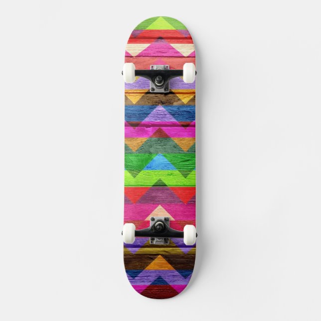 Colorful Chevron Wood Abstract #2 Skateboard (Front)