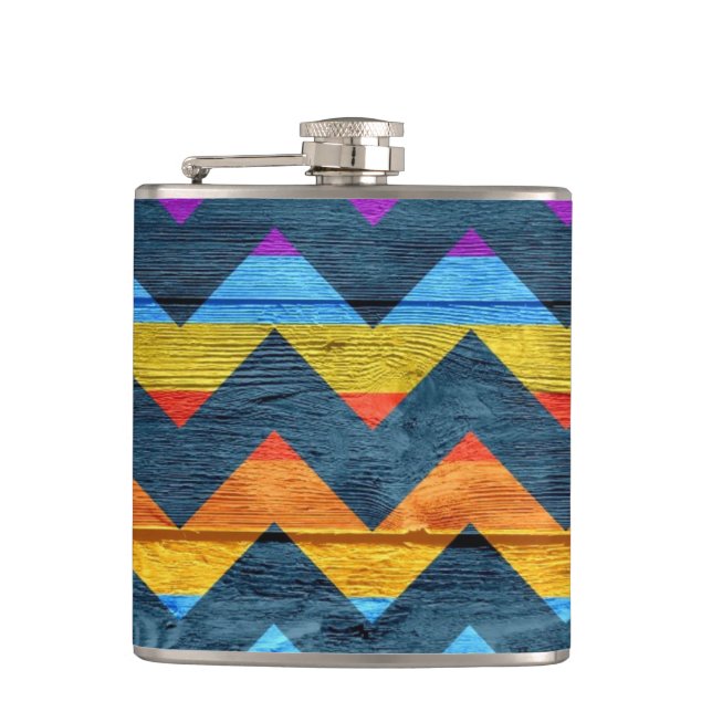 Colorful Chevron Wood Abstract #3 Hip Flask (Front)
