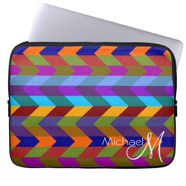 Colorful Chevron Zigzag Pattern Custom Monogram 2 Laptop Sleeve (Front)