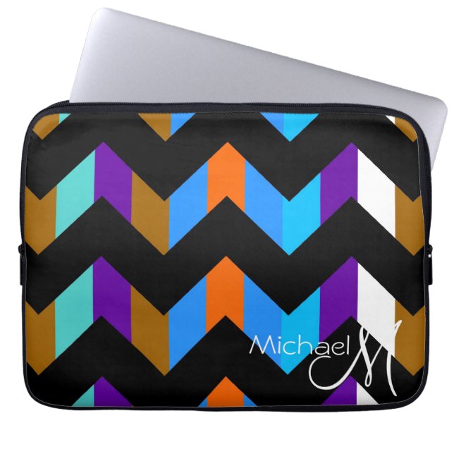 Colorful Chevron Zigzag Pattern Custom Monogram 2 Laptop Sleeve (Front)