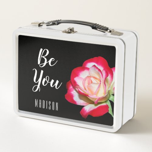 Colorful Chic Pink Floral Rose Black Personalized  Metal Lunch Box