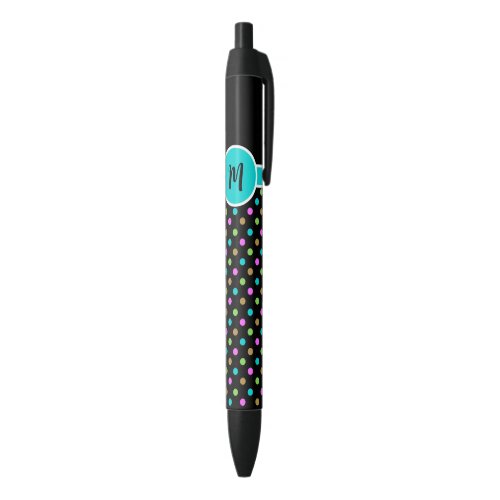 Colorful Chic Polka Dots Monogrammed Black Ink Pen