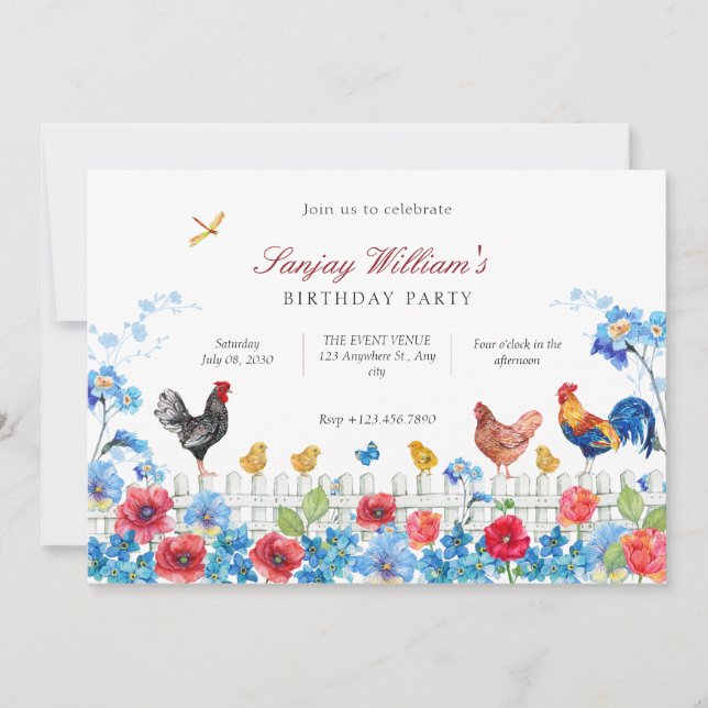 Colorful chick farm garden birthday invitation (Front)