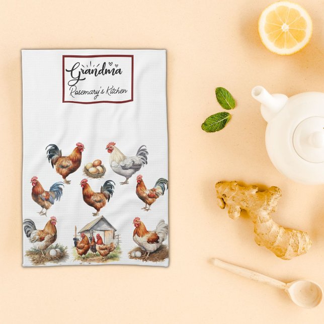 Colorful Chicken and Rooster Grandma Kitchen Towel (Creator Uploaded)