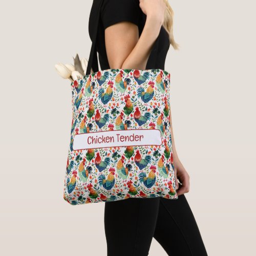 Colorful Chicken Art Pattern on White Background Tote Bag