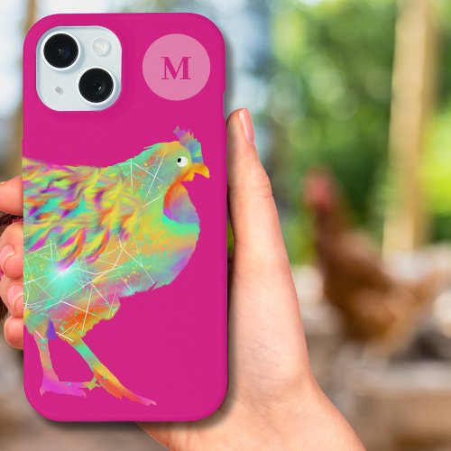 Colorful Chicken Art Pink Monogram iPhone 15 Case