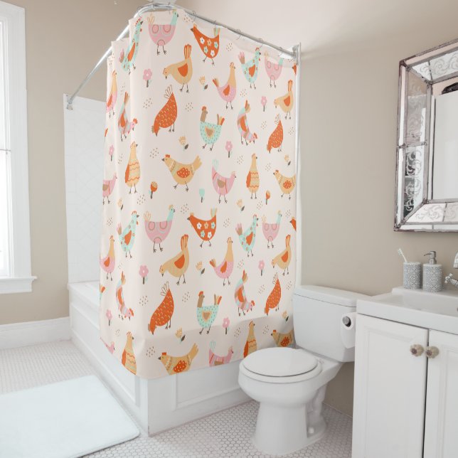 Colorful Chicken Hens Cute Pattern Shower Curtain (In Situ)