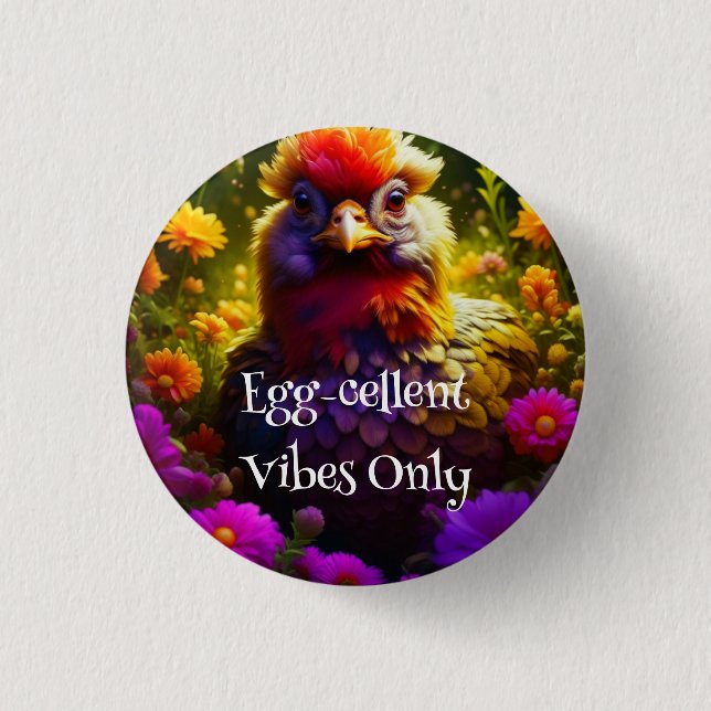 Colorful Chicken in Flower Garden   Button (Front)