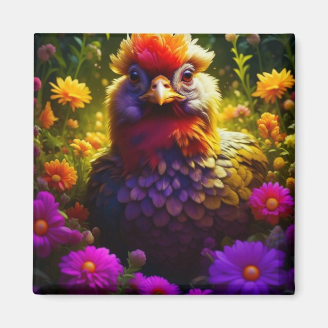 Colorful Chicken in Flower Garden Magnet (Front)