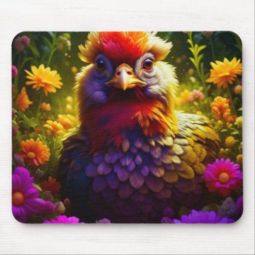 Colorful Chicken in Garden Patch Mouse Pad
