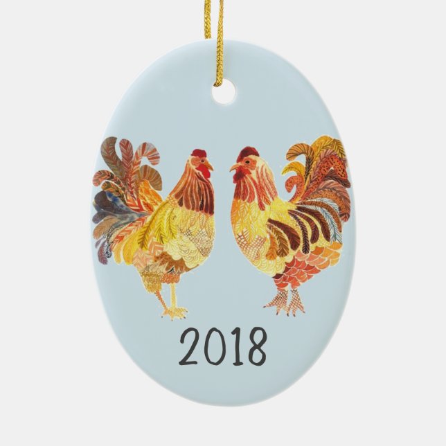 Colorful Chicken Pair Keepsake Year Ceramic Ornament (Back)