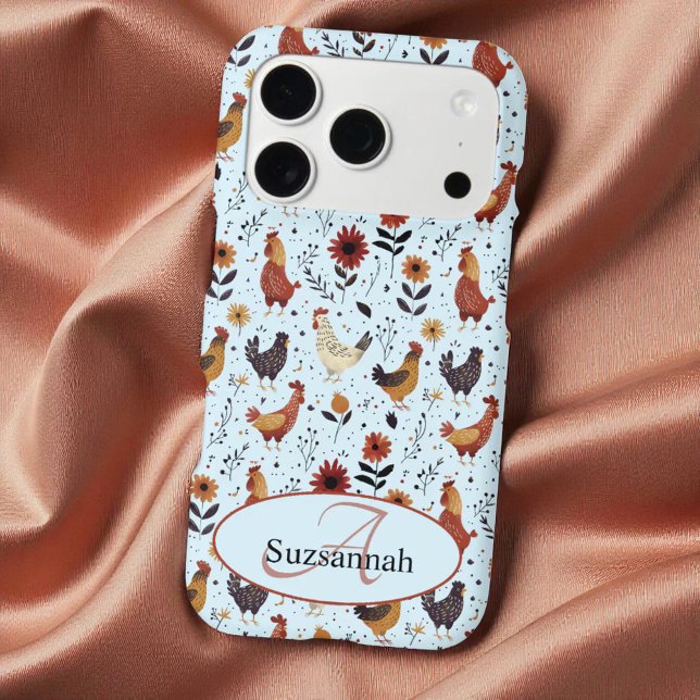 Colorful Chicken Pattern Initial Monogram  Iphone Case (iPhone back with template initial monogram and name)