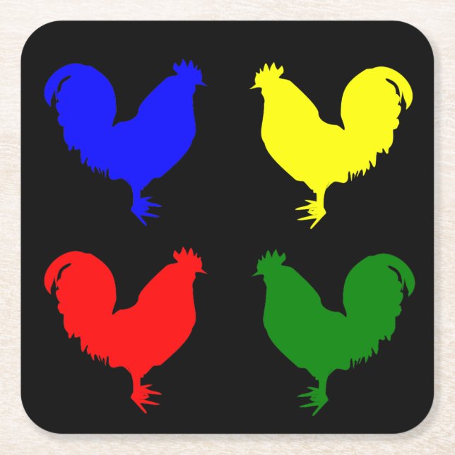Colorful Chicken Square Paper Coaster (Front)