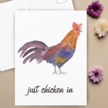 Colorful Chicken Watercolor JUST CHICKEN IN Funny  Postcard<br><div class="desc">Enjoy this whimsical chicken  on this funny card.
 
 You can always change or add your own text. Let me know if you'd like something custom made.</div>