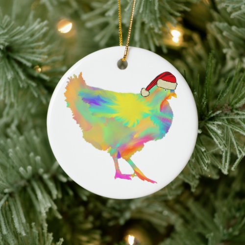 Colorful chicken wearing a Santa hat Ceramic Ornament