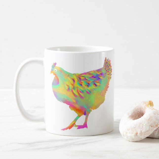 Colorful Chickens Cute Farm Animal Art Painting Coffee Mug (With Donut)