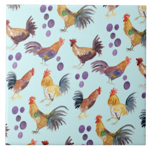 Colorful Chickens  Eggs Pattern Watercolor Blue Ceramic Tile