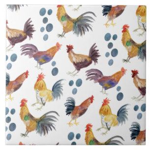 Colorful Chickens & Eggs Pattern Watercolor Farm Ceramic Tile