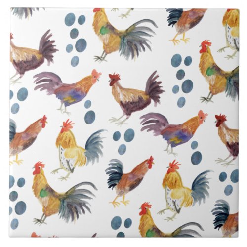 Colorful Chickens  Eggs Pattern Watercolor Farm Ceramic Tile