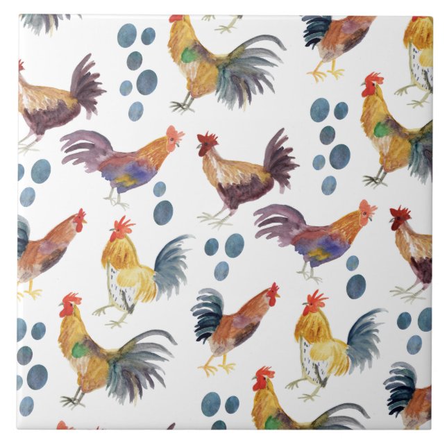 Colorful Chickens & Eggs Pattern Watercolor Farm Ceramic Tile (Front)