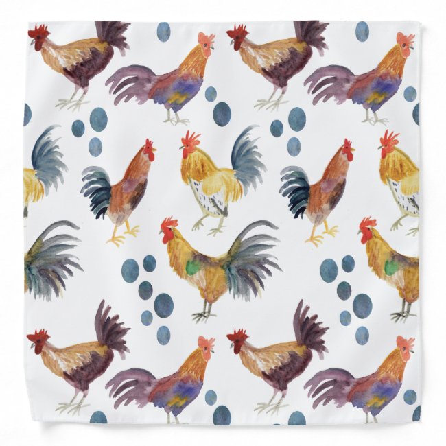 Colorful Chickens & Eggs Watercolor Pattern Bandana