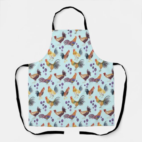 Colorful Chickens  Eggs Watercolor Pattern Blue Apron
