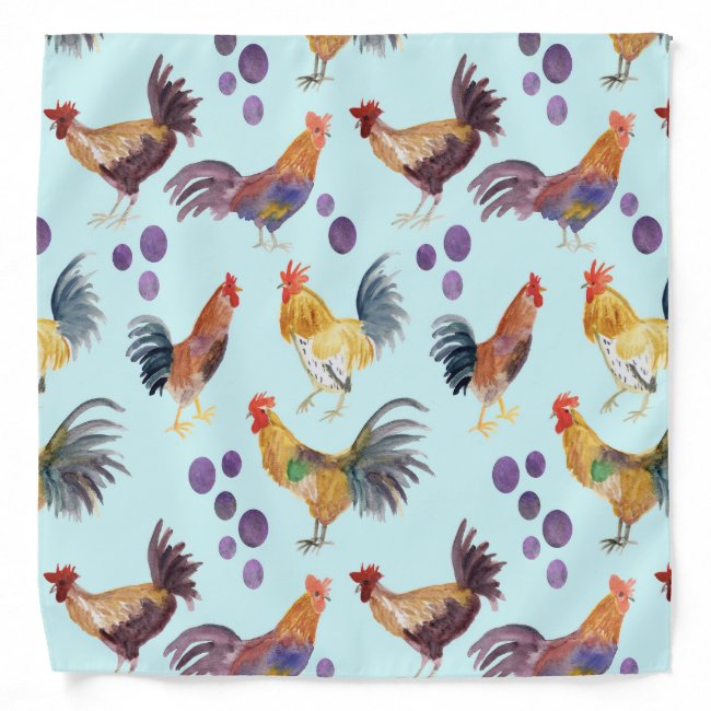 Colorful Chickens & Eggs Watercolor Pattern Blue Bandana