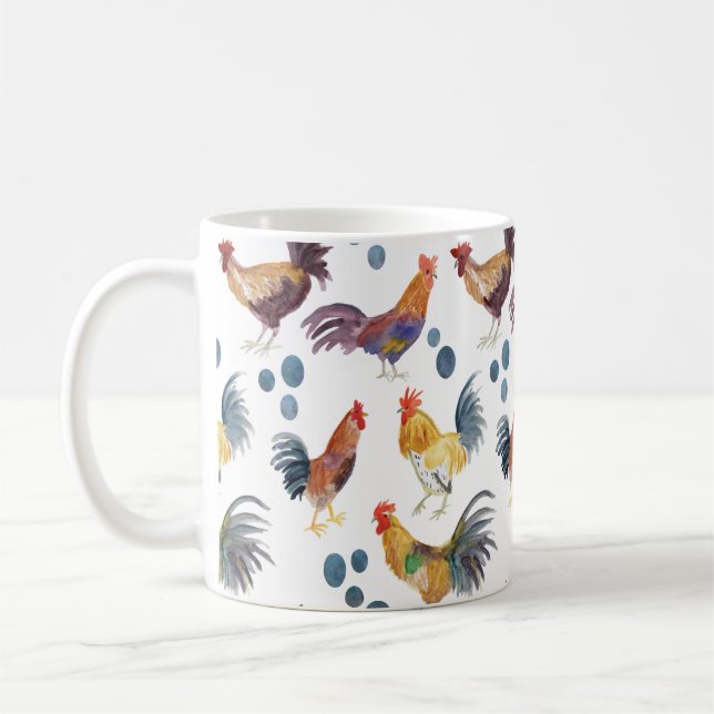 Colorful Chickens & Eggs Watercolor Pattern  Coffee Mug (Left)