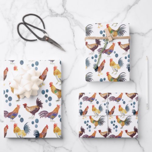 Colorful Chickens  Eggs Watercolor Pattern Gift Wrapping Paper Sheets