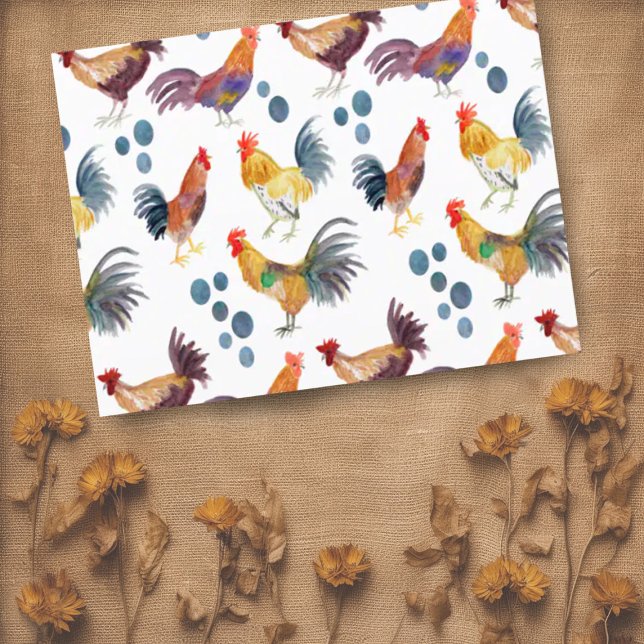 Colorful Chickens & Eggs Watercolor Pattern Postcard (Cute watercolor chickens and eggs postcard - add your own text to customize!)