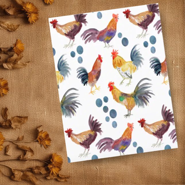 Colorful Chickens & Eggs Watercolor Pattern  Postcard (Wonderful watercolor chickens and eggs pattern postcard - add your own text to customize)