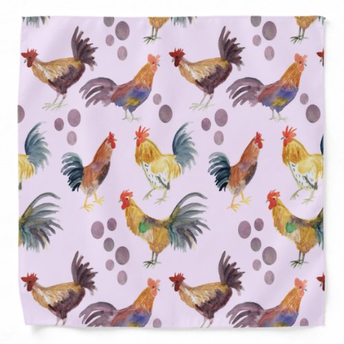 Colorful Chickens  Eggs Watercolor Pattern Purple Bandana