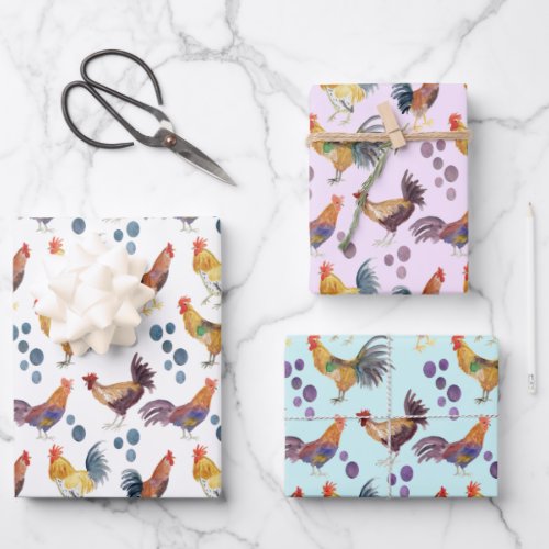 Colorful Chickens  Eggs Watercolor Pattern Set of Wrapping Paper Sheets