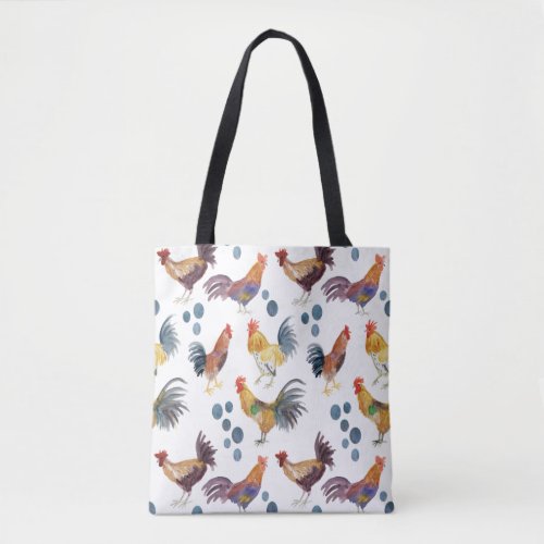 Colorful Chickens  Eggs Watercolor Pattern  Tote Bag