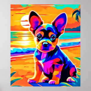 Colorful Chihuahua Puppy on Sunset Beach Poster